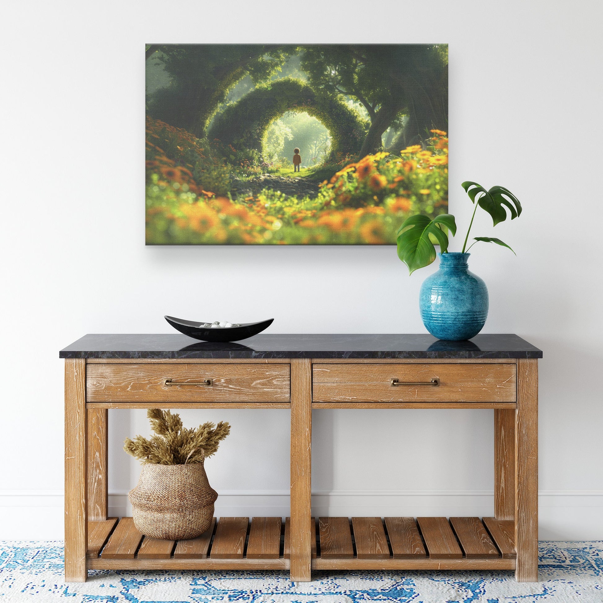 Child Exploring Magical Garden Pathway in Lush Forest Canvas Wall Art Decor - Awakening Righteousness