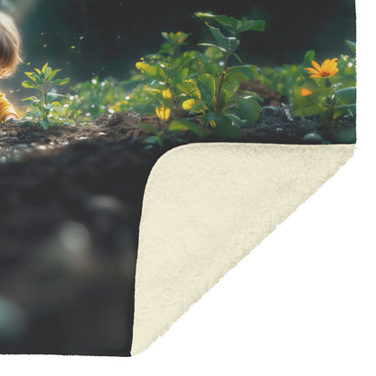 Child in Nature Fleece Sherpa Blanket Featuring Golden Sunbeam and Blooming Flowers in a Serene Forest - Awakening Righteousness
