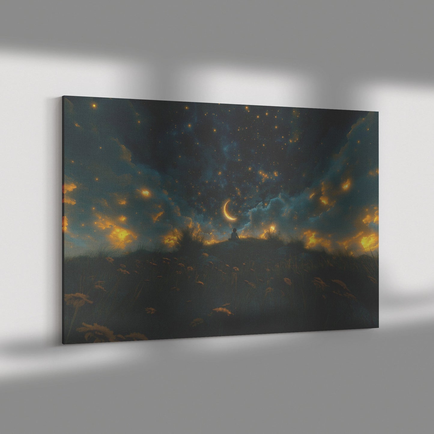Child Praying Under Starry Night Sky with Crescent Moon and Glowing Clouds Christian Canvas Wall Art Decor - Awakening Righteousness
