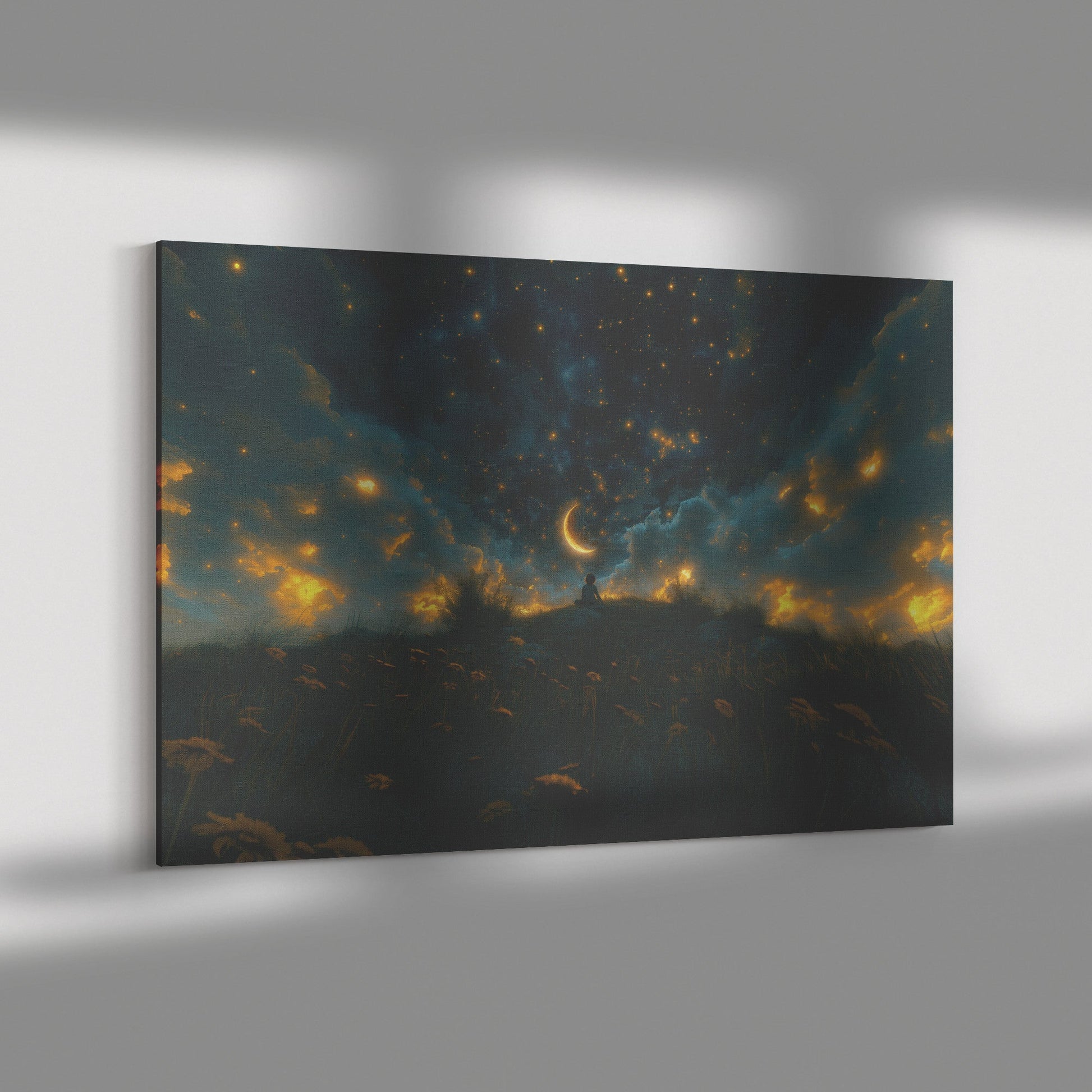 Child Praying Under Starry Night Sky with Crescent Moon and Glowing Clouds Christian Canvas Wall Art Decor - Awakening Righteousness