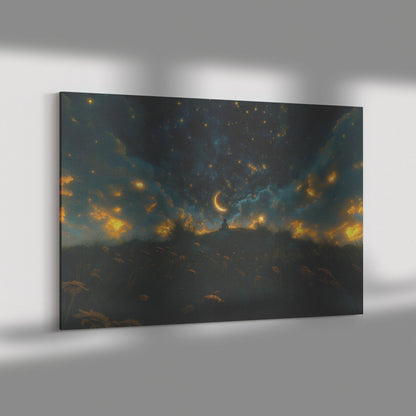 Child Praying Under Starry Night Sky with Crescent Moon and Glowing Clouds Christian Canvas Wall Art Decor - Awakening Righteousness