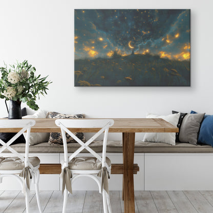 Child Praying Under Starry Night Sky with Crescent Moon and Glowing Clouds Christian Canvas Wall Art Decor - Awakening Righteousness