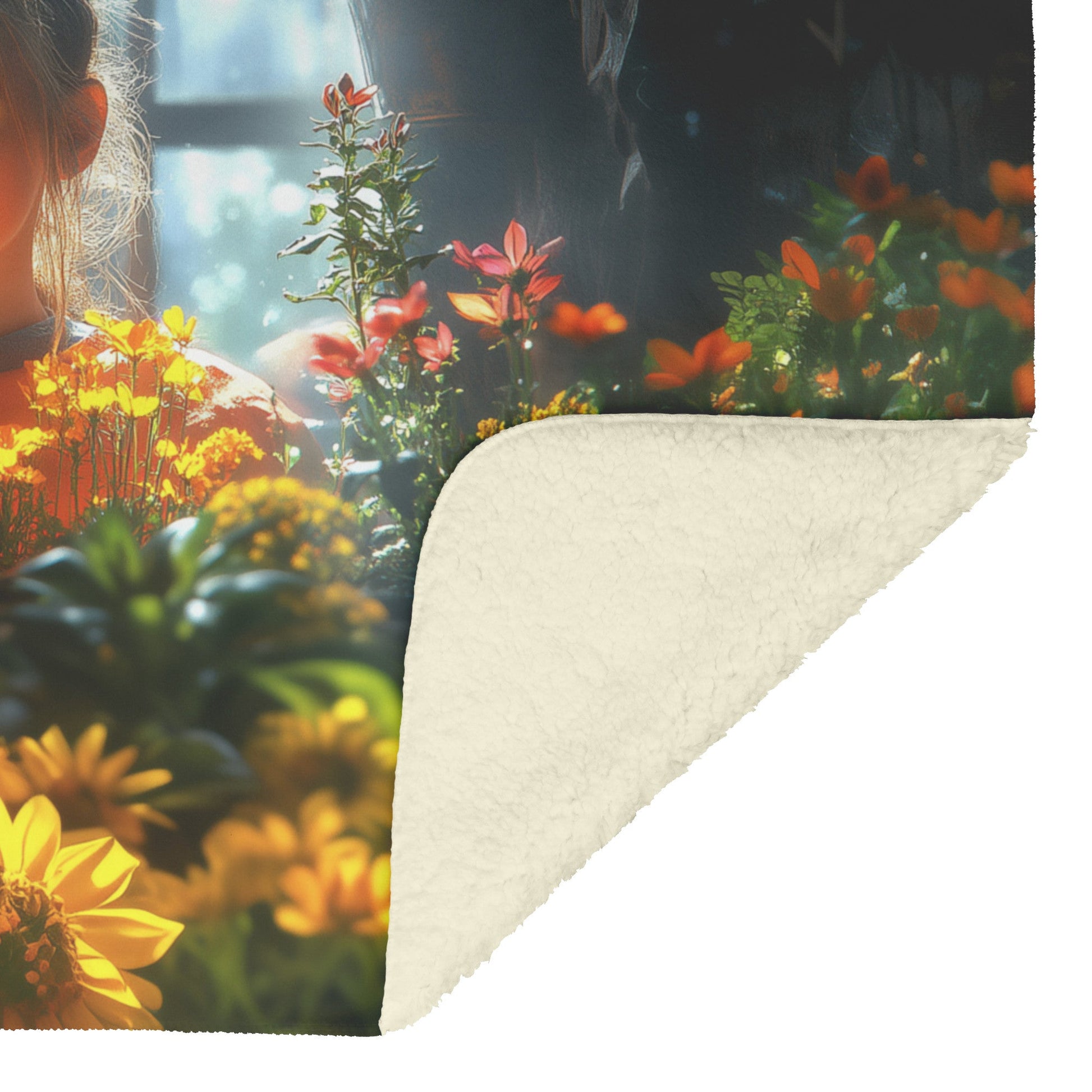 Child Surrounded by Sunflowers and Colorful Blooms Fleece Sherpa Blanket with Warm Sunlight Glow - Awakening Righteousness