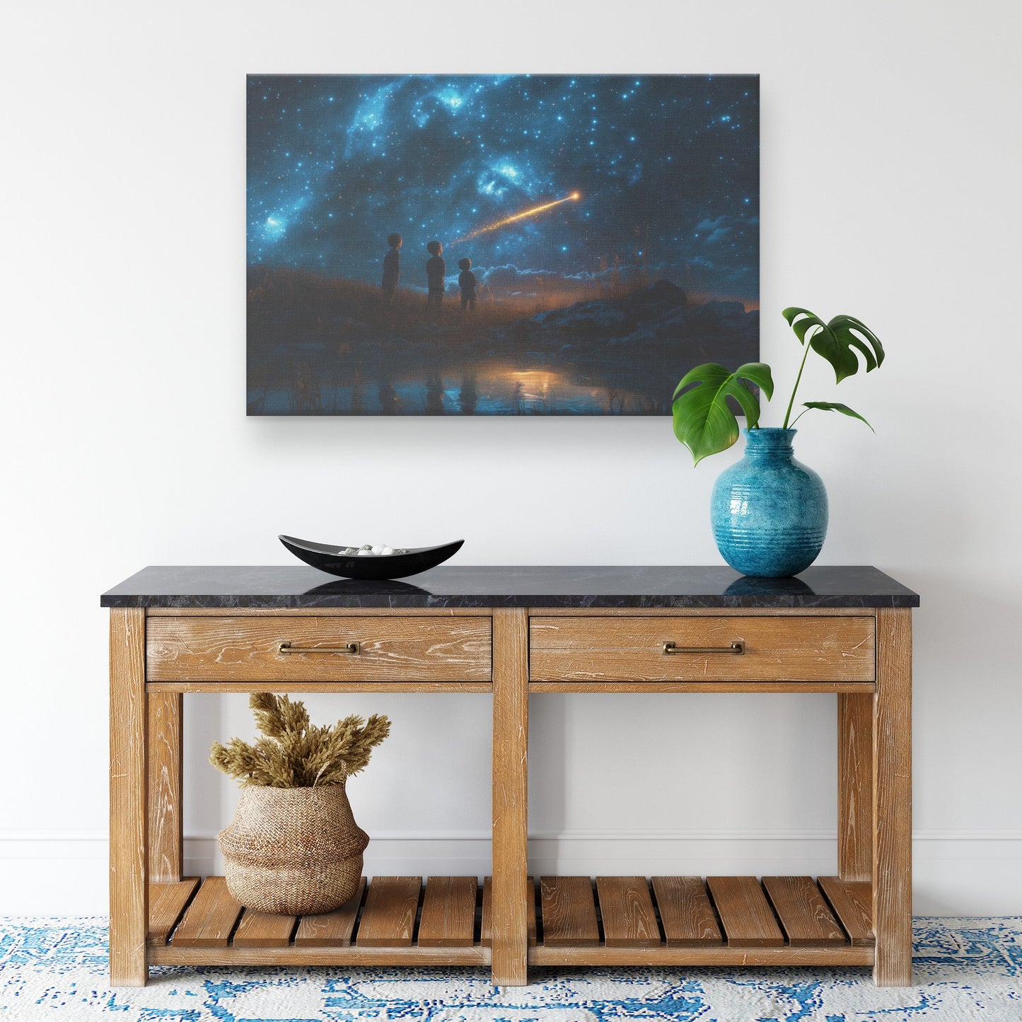 Children Gazing at Shooting Star Under Heavenly Night Sky Christian Canvas Wall Art Decor - Awakening Righteousness