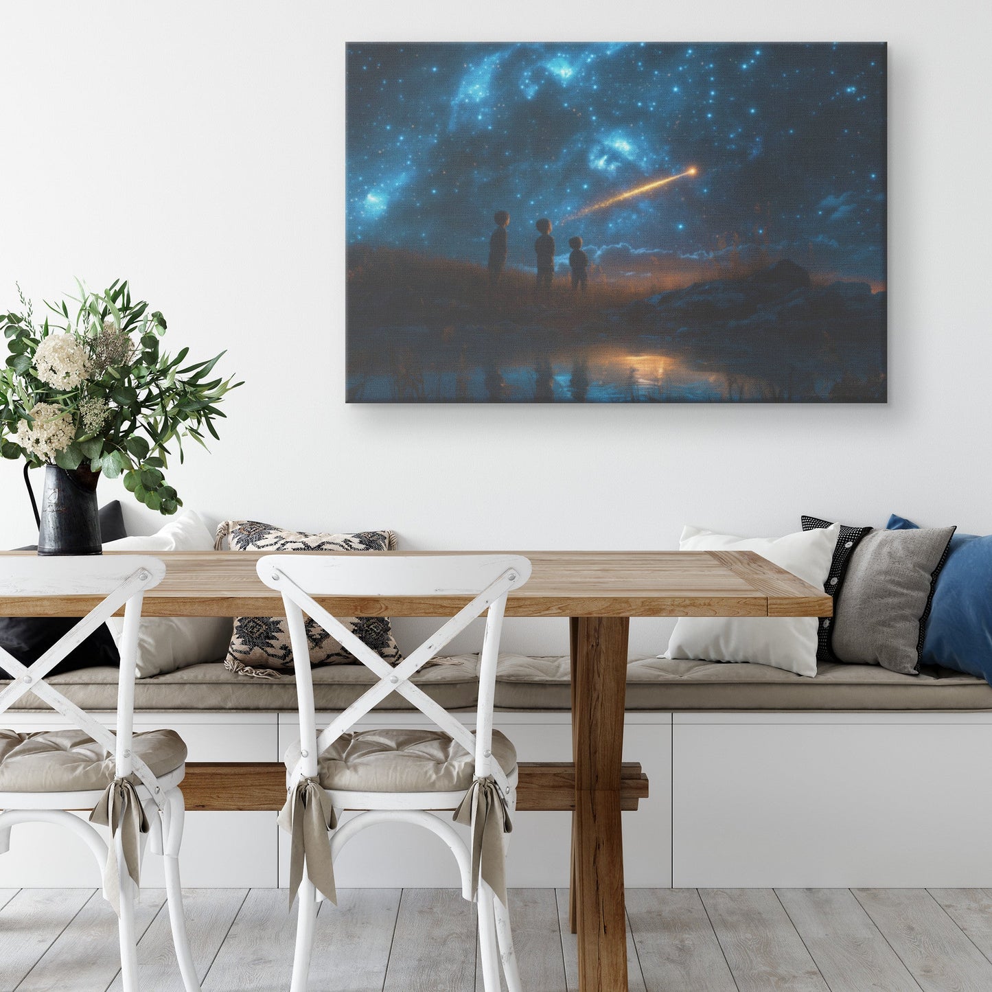 Children Gazing at Shooting Star Under Heavenly Night Sky Christian Canvas Wall Art Decor - Awakening Righteousness