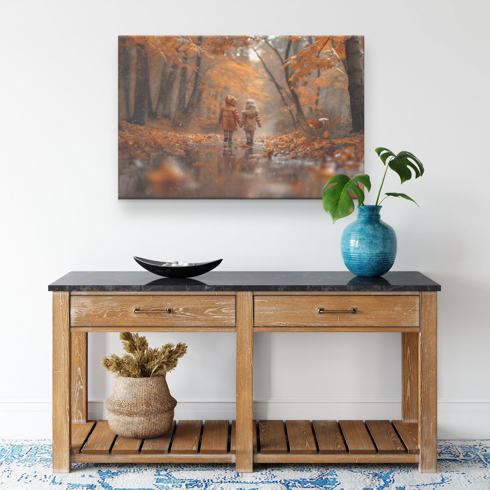 Children Holding Hands in Autumn Forest with Raindrops Canvas Wall Art Decor - Awakening Righteousness