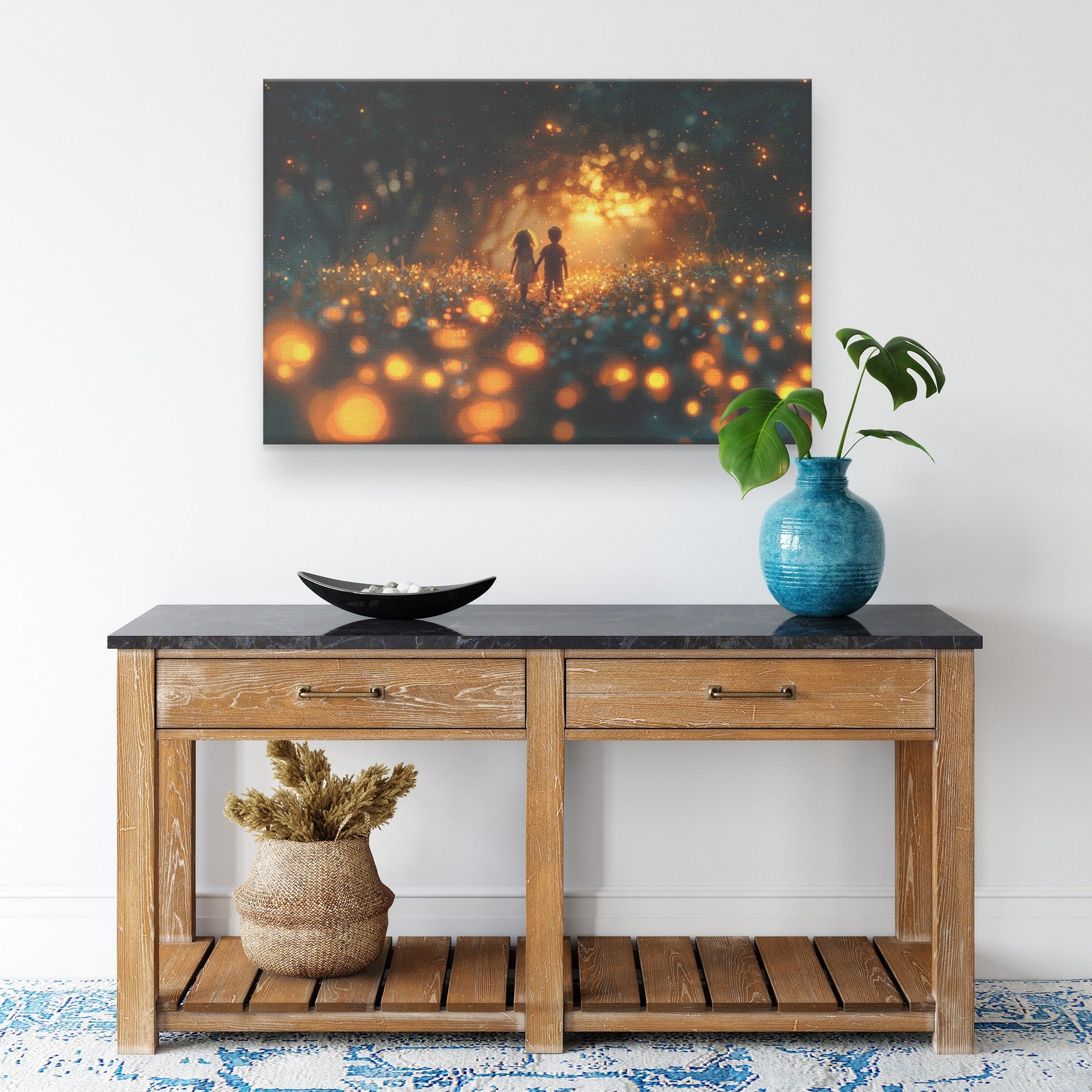 Children Holding Hands in Magical Firefly Field Glowing Canvas Wall Art Decor for Home Nursery or Inspirational Spaces - Awakening Righteousness