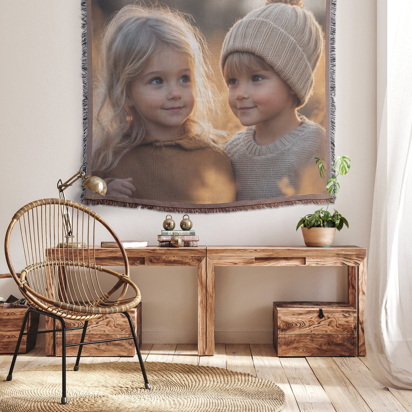 Children in Beige Sweaters at Sunset in Field of Reeds Cozy Woven Throw Blanket - Awakening Righteousness