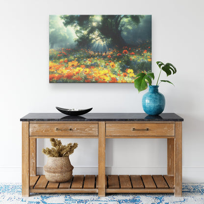 Children in Blooming Field Beneath Radiant Sunlight and Majestic Tree Christian Canvas Wall Art Decor - Awakening Righteousness