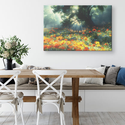 Children in Blooming Field Beneath Radiant Sunlight and Majestic Tree Christian Canvas Wall Art Decor - Awakening Righteousness