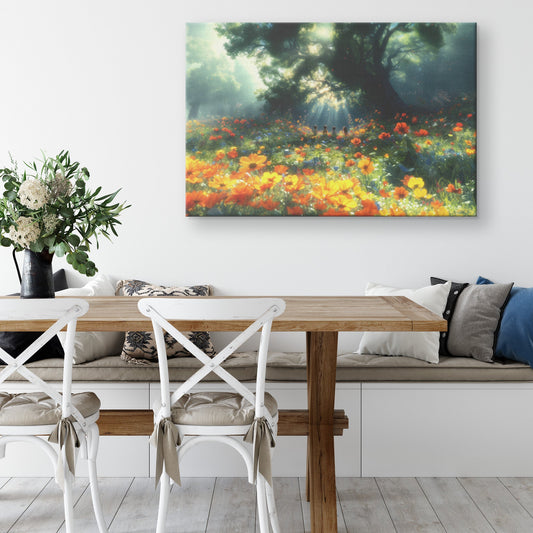 Children in Blooming Field Beneath Radiant Sunlight and Majestic Tree Christian Canvas Wall Art Decor - Awakening Righteousness