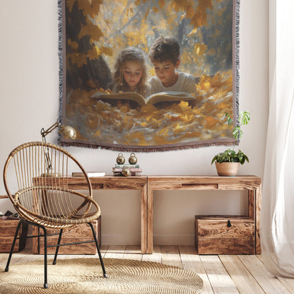 Children Reading a Story Under Autumn Leaves Woven Throw Blanket Cozy Fall Decor for Family Moments - Awakening Righteousness