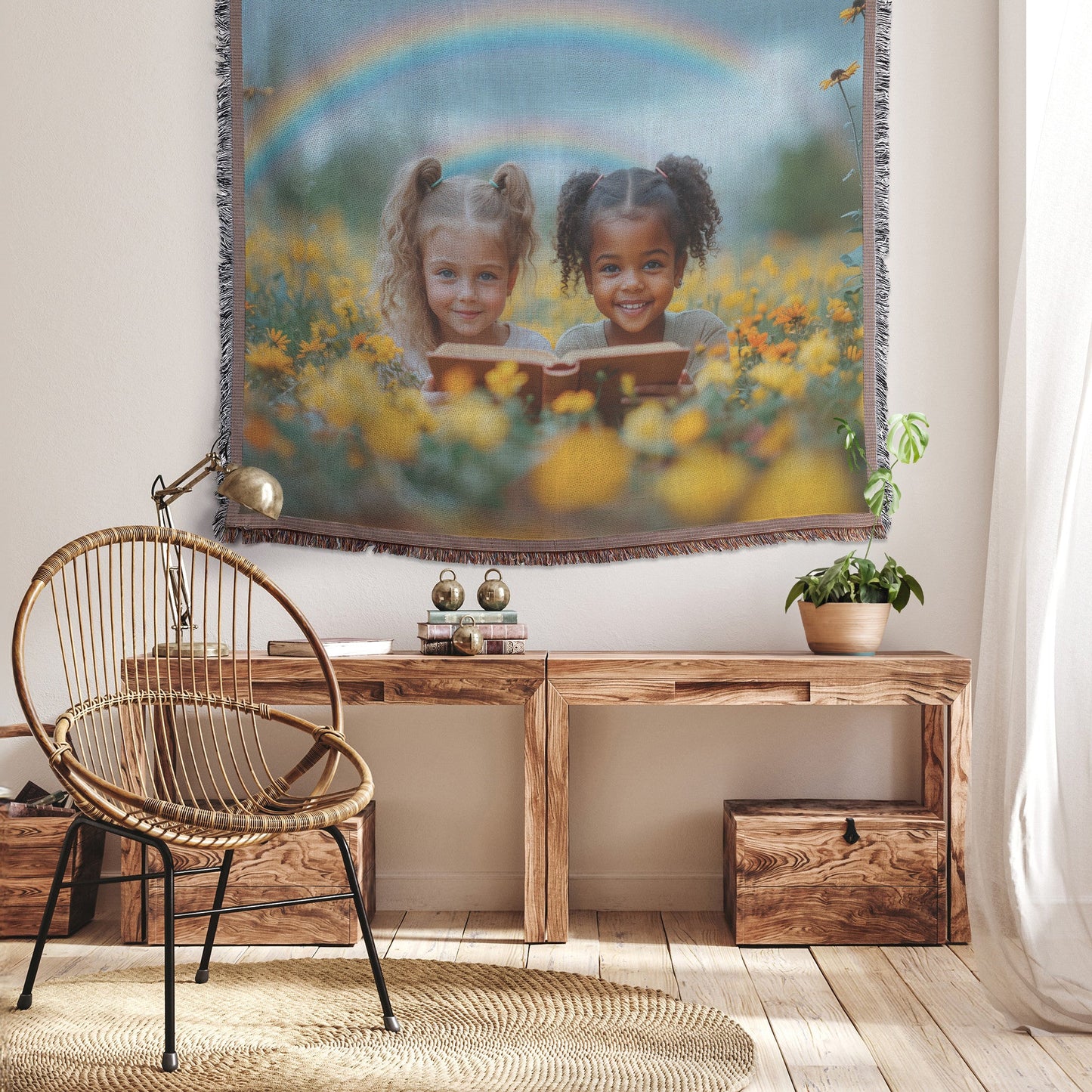 Children Reading in Flower Field with Rainbow Woven Throw Blanket - Awakening Righteousness