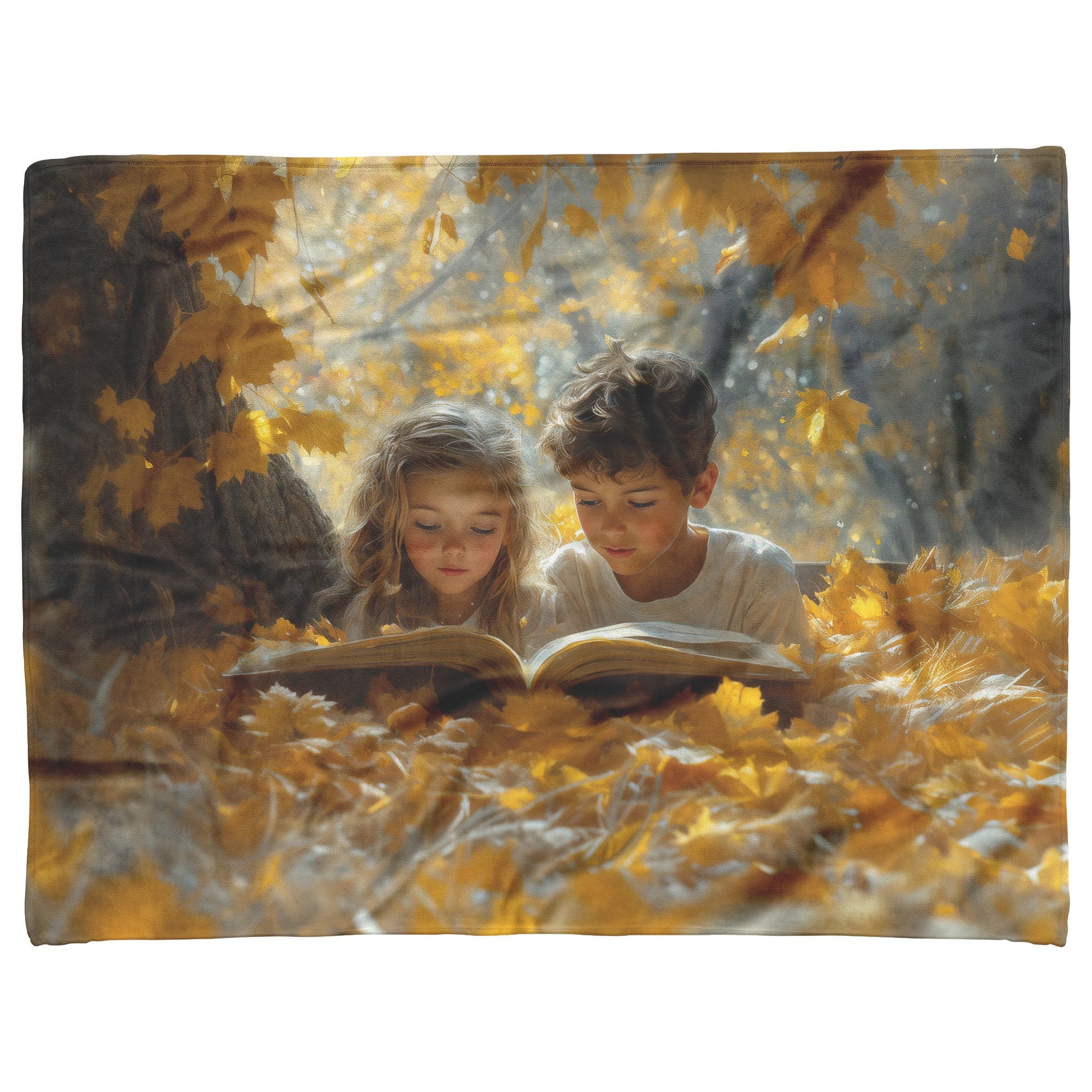 Children Reading Together Under Tree in Autumn Fleece Sherpa Blanket Cozy Fall Scene - Awakening Righteousness