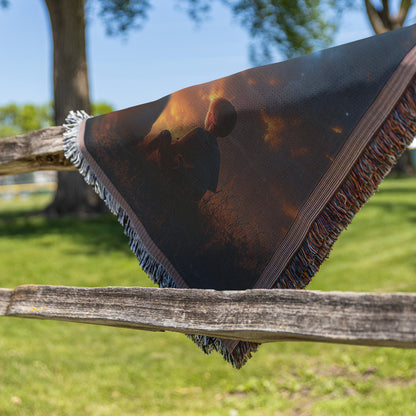 Children Sitting by Campfire Under Starry Sky Woven Throw Blanket for Home Decor - Awakening Righteousness