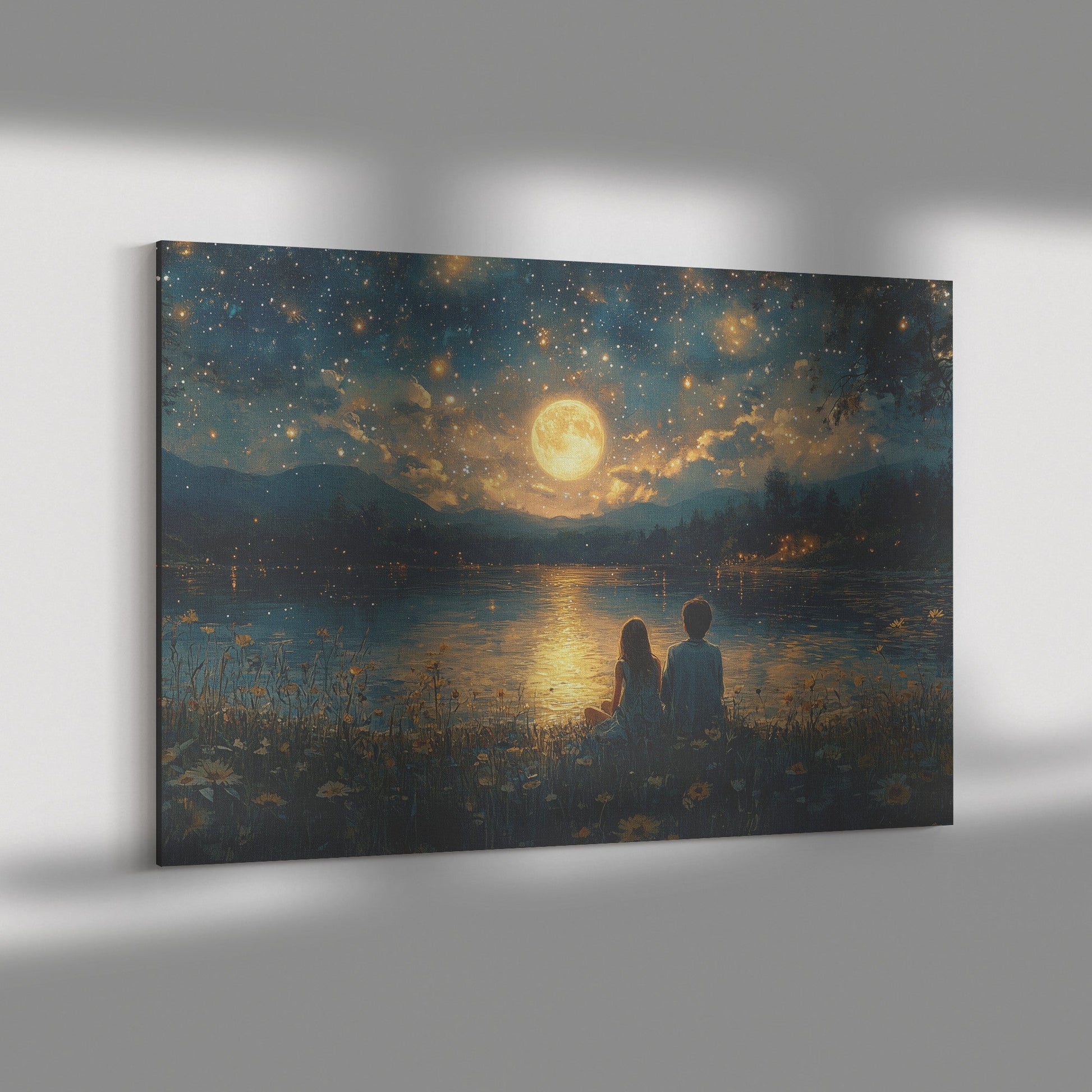 Children Sitting by Moonlit Lake Under Starry Sky Magical Canvas Wall Art Decor for Home Nursery or Inspirational Spaces - Awakening Righteousness