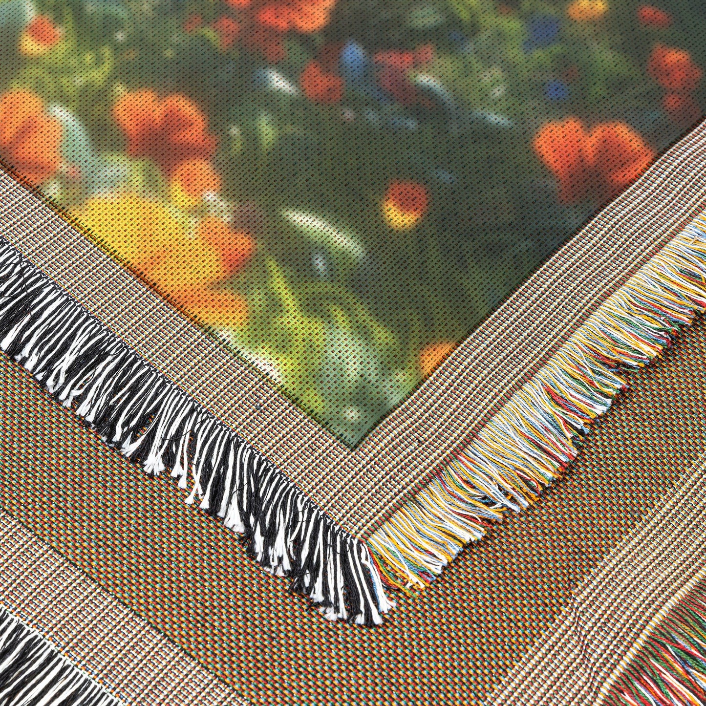 Children Sitting in Flower Filled Meadow with Sunbeams Woven Throw Blanket for Home Decor - Awakening Righteousness