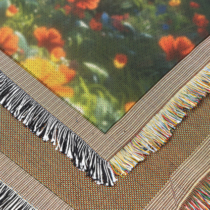 Children Sitting in Flower Filled Meadow with Sunbeams Woven Throw Blanket for Home Decor - Awakening Righteousness