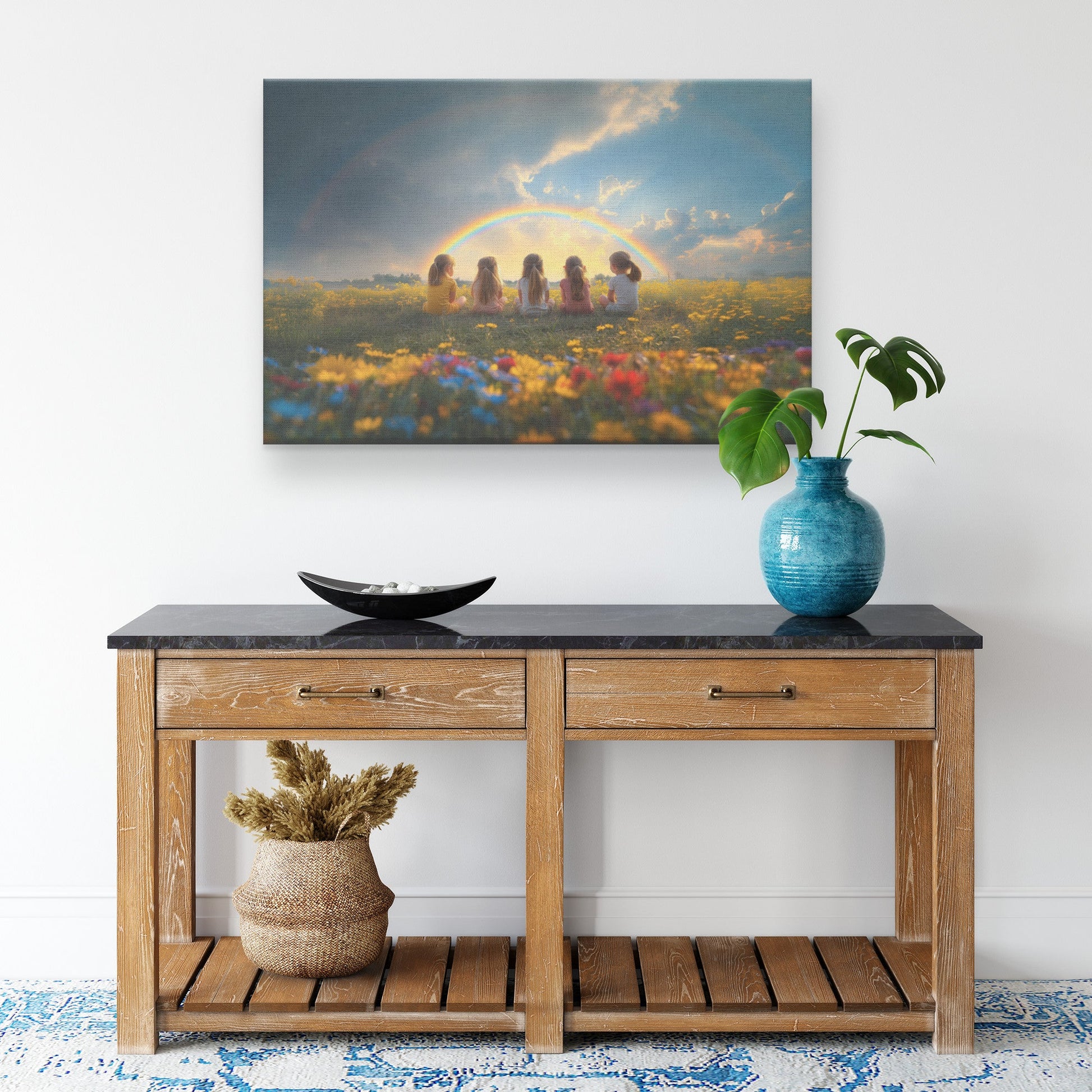 Children Sitting on Grass with Flower Field and Rainbow Canvas Wall Art Decor - Awakening Righteousness