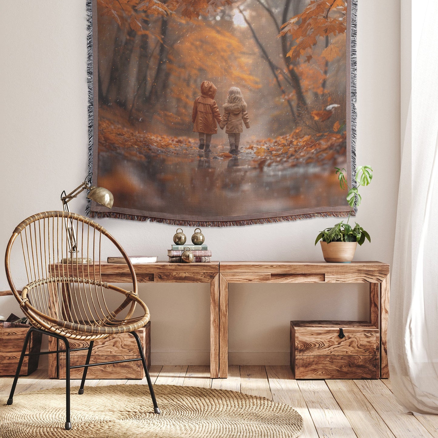 Children Walking in Autumn Rain Woven Throw Blanket - Awakening Righteousness