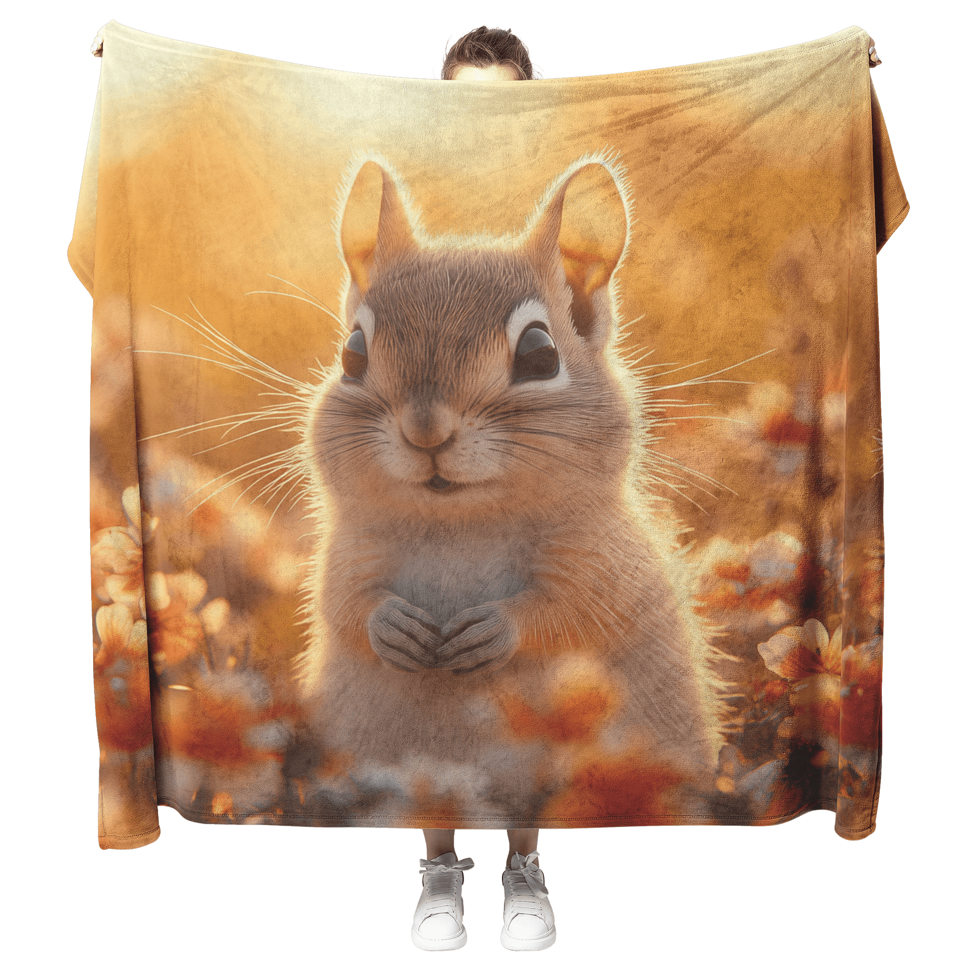 Chipmunk Exploring Glowing Field of Wildflowers Under Vibrant Sunset with Fur Illuminated by Golden Light Fleece Sherpa Blanket - Awakening Righteousness