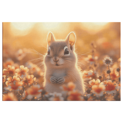 Chipmunk Exploring Glowing Field Of Wildflowers Under Vibrant Sunset With Golden Light Canvas Wall Art Decor - Awakening Righteousness