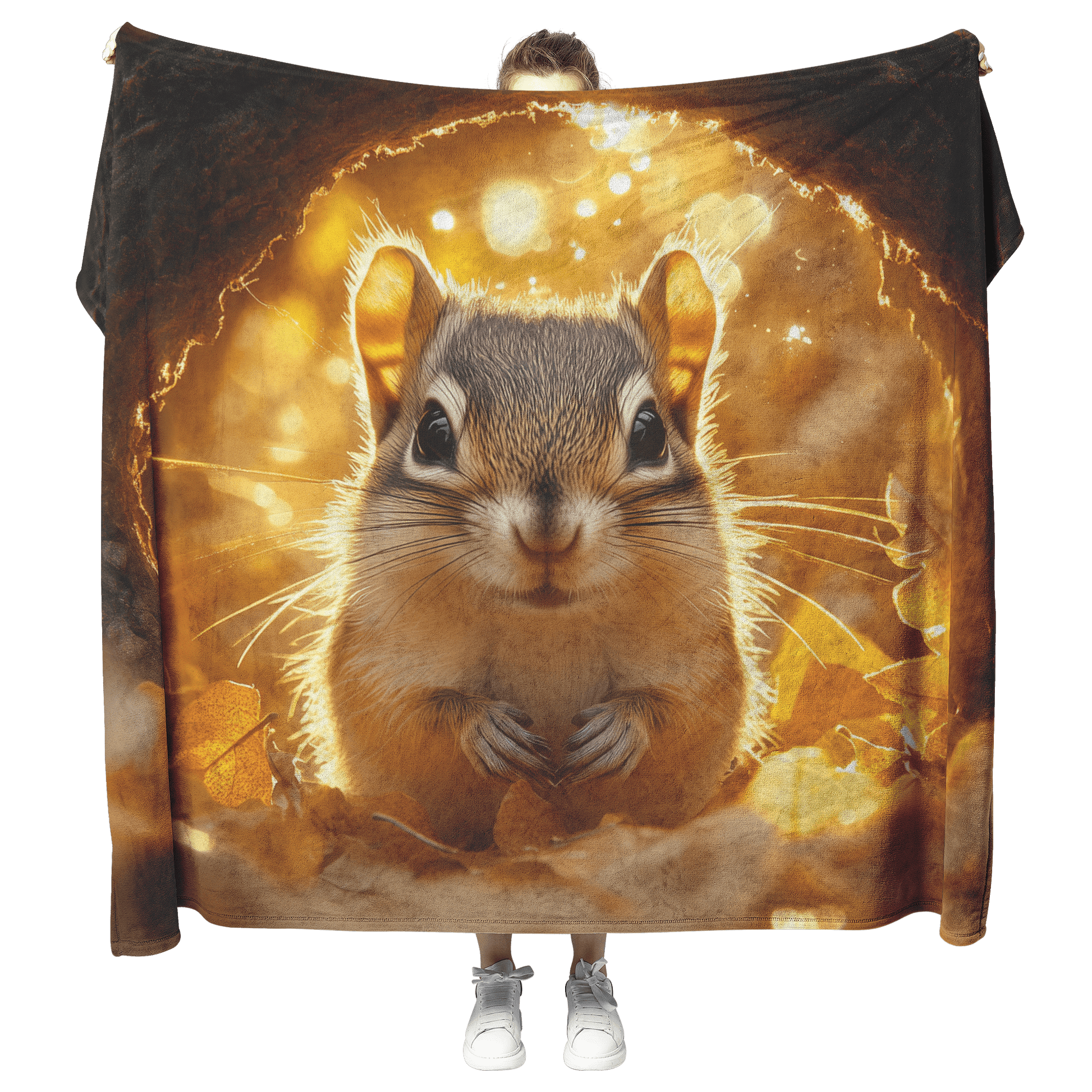Chipmunk Hiding Inside Glowing Tree Hollow Surrounded by Soft Golden Leaves and Gentle Sunlight Fleece Sherpa Blanket - Awakening Righteousness