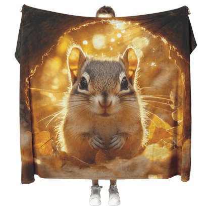Chipmunk Hiding Inside Glowing Tree Hollow Surrounded by Soft Golden Leaves and Gentle Sunlight Fleece Sherpa Blanket - Awakening Righteousness
