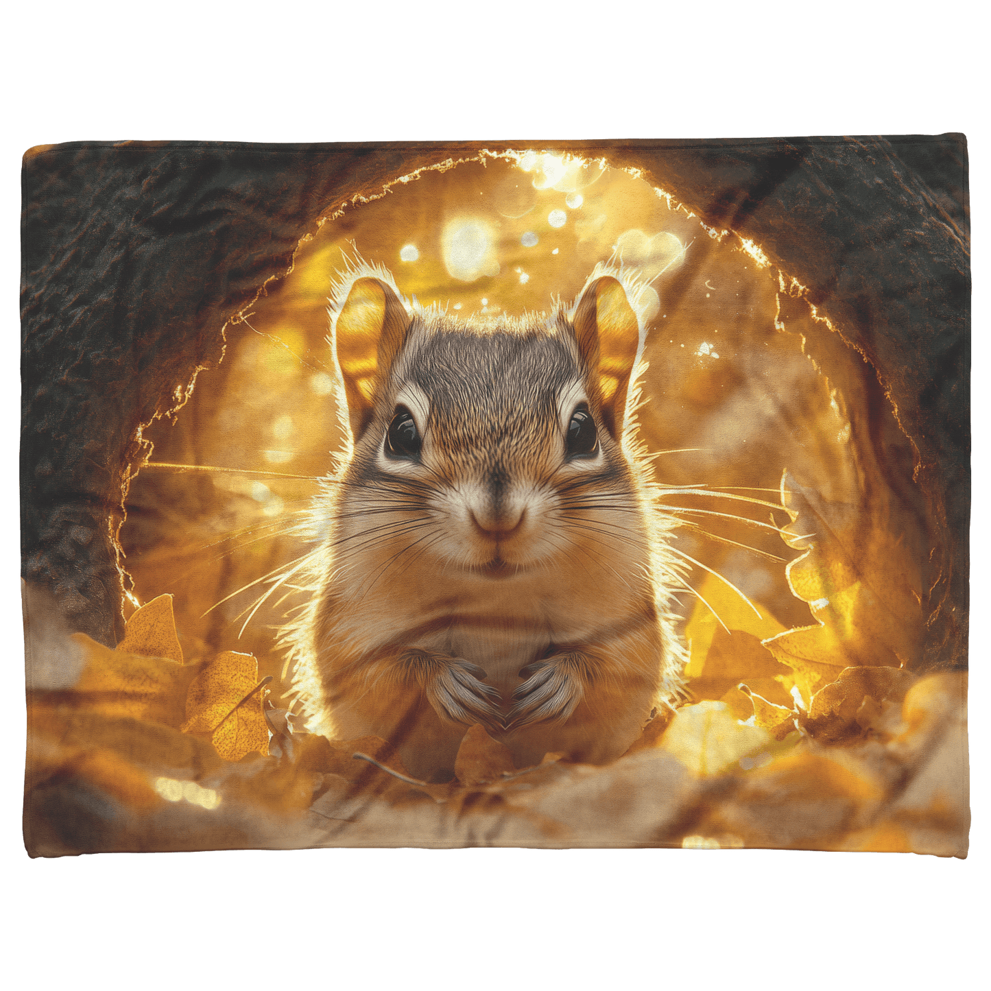 Chipmunk Hiding Inside Glowing Tree Hollow Surrounded by Soft Golden Leaves and Gentle Sunlight Fleece Sherpa Blanket - Awakening Righteousness