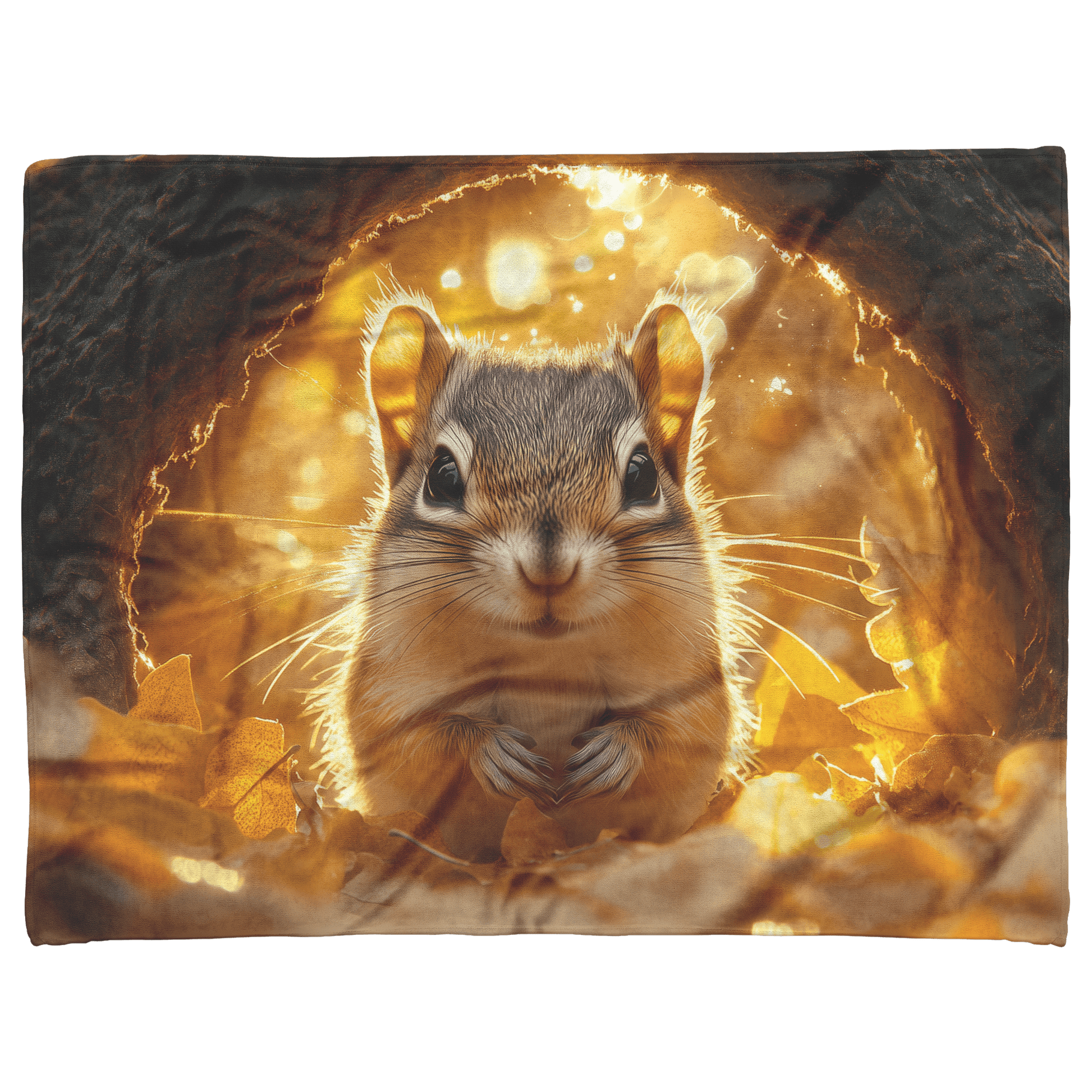 Chipmunk Hiding Inside Glowing Tree Hollow Surrounded by Soft Golden Leaves and Gentle Sunlight Fleece Sherpa Blanket - Awakening Righteousness
