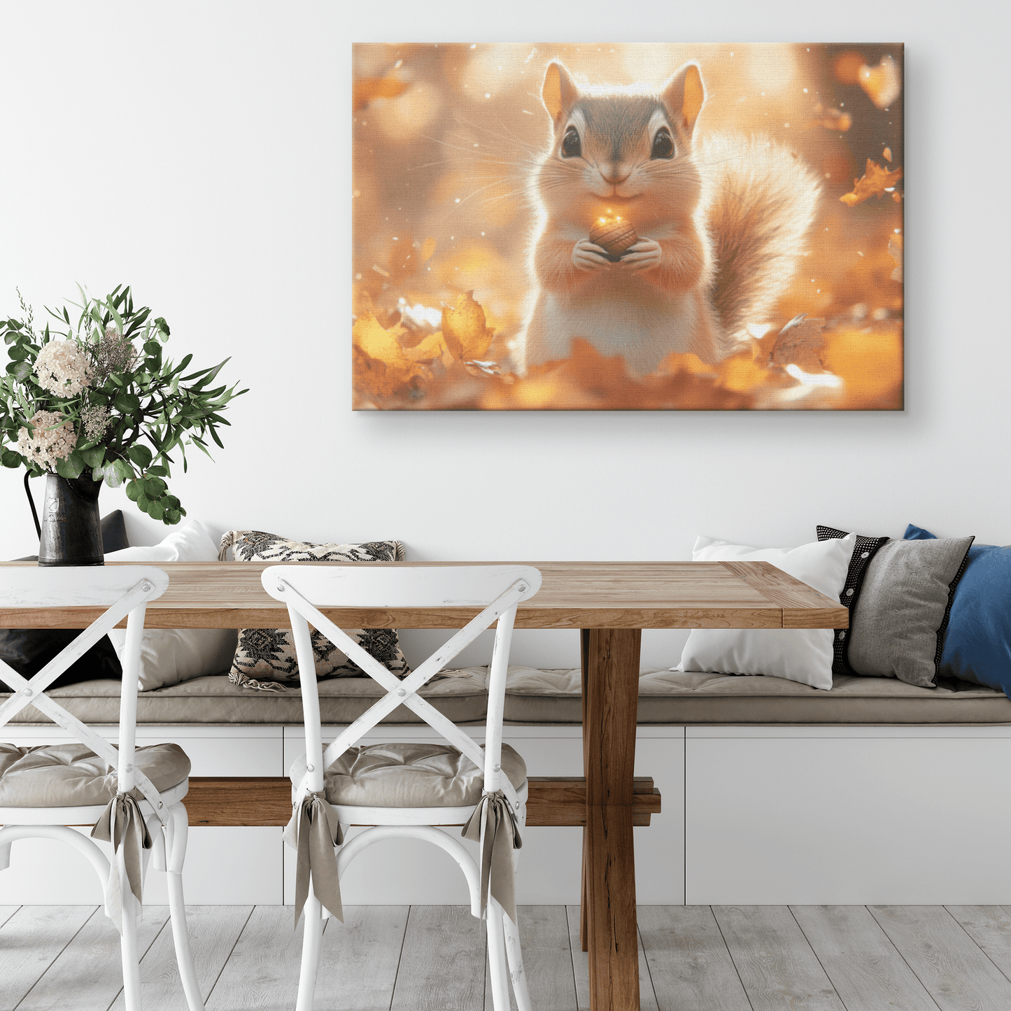 Chipmunk Holding Glowing Acorn In Vibrant Autumn Forest With Golden Leaves And Morning Mist Canvas Wall Art Decor - Awakening Righteousness