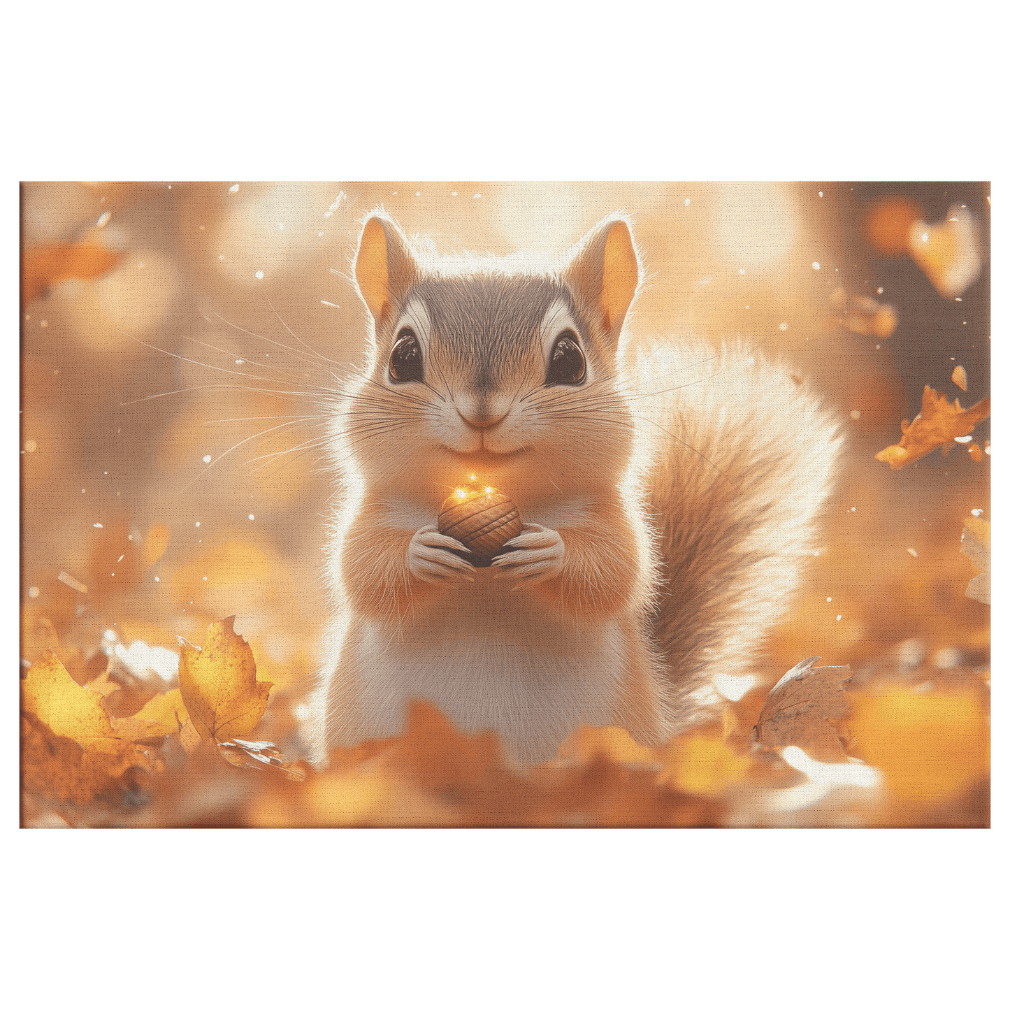 Chipmunk Holding Glowing Acorn In Vibrant Autumn Forest With Golden Leaves And Morning Mist Canvas Wall Art Decor - Awakening Righteousness