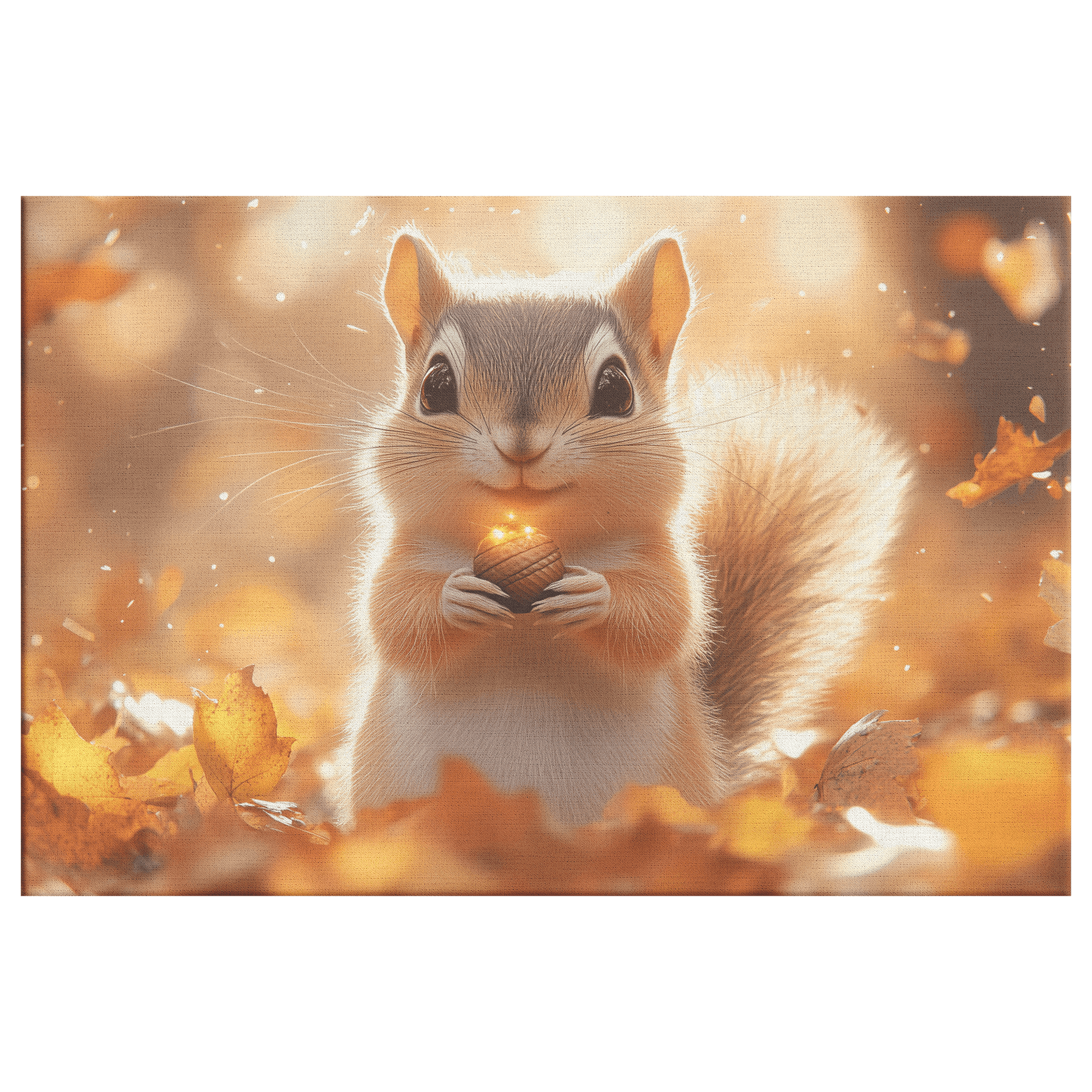 Chipmunk Holding Glowing Acorn In Vibrant Autumn Forest With Golden Leaves And Morning Mist Canvas Wall Art Decor - Awakening Righteousness