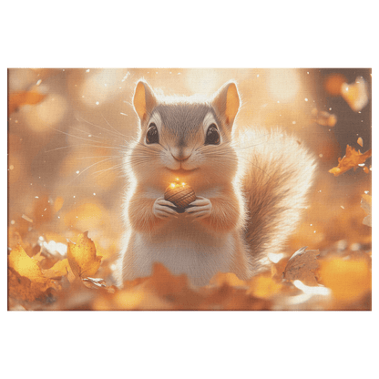 Chipmunk Holding Glowing Acorn In Vibrant Autumn Forest With Golden Leaves And Morning Mist Canvas Wall Art Decor - Awakening Righteousness