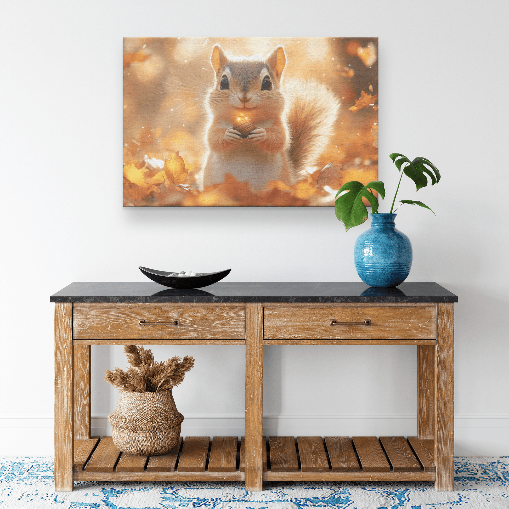 Chipmunk Holding Glowing Acorn In Vibrant Autumn Forest With Golden Leaves And Morning Mist Canvas Wall Art Decor - Awakening Righteousness