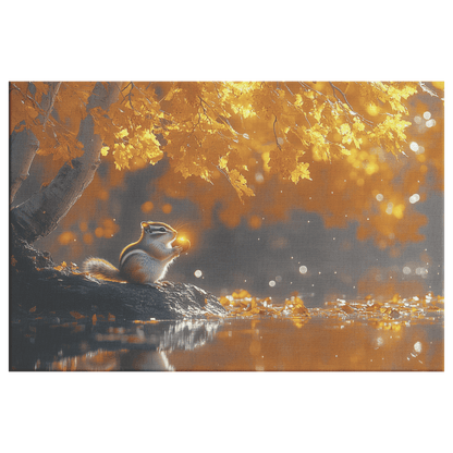 Chipmunk Holding Glowing Nut On Crystal Clear Stream Reflecting Golden Autumn Trees Canvas Wall Art Decor - Awakening Righteousness