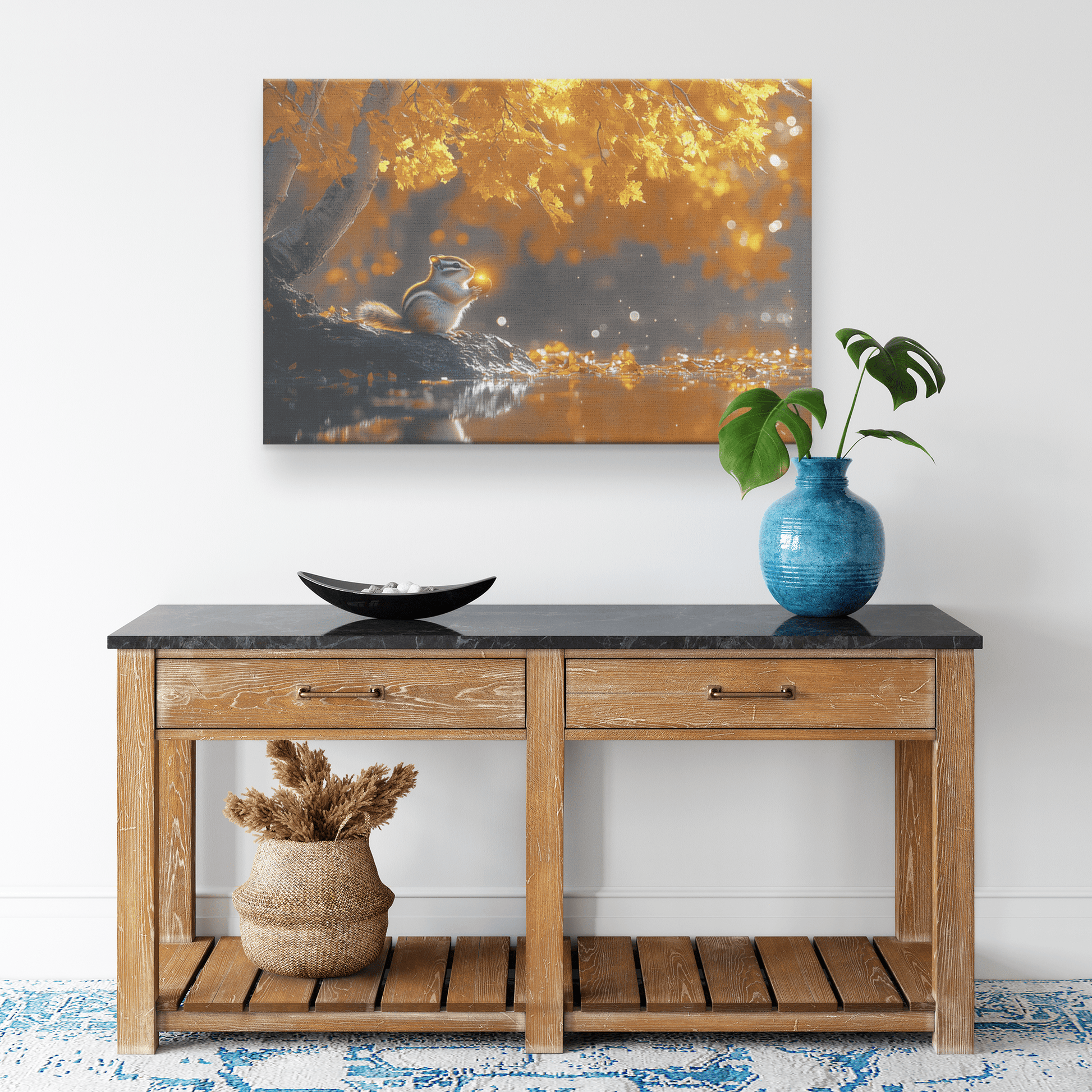 Chipmunk Holding Glowing Nut On Crystal Clear Stream Reflecting Golden Autumn Trees Canvas Wall Art Decor - Awakening Righteousness