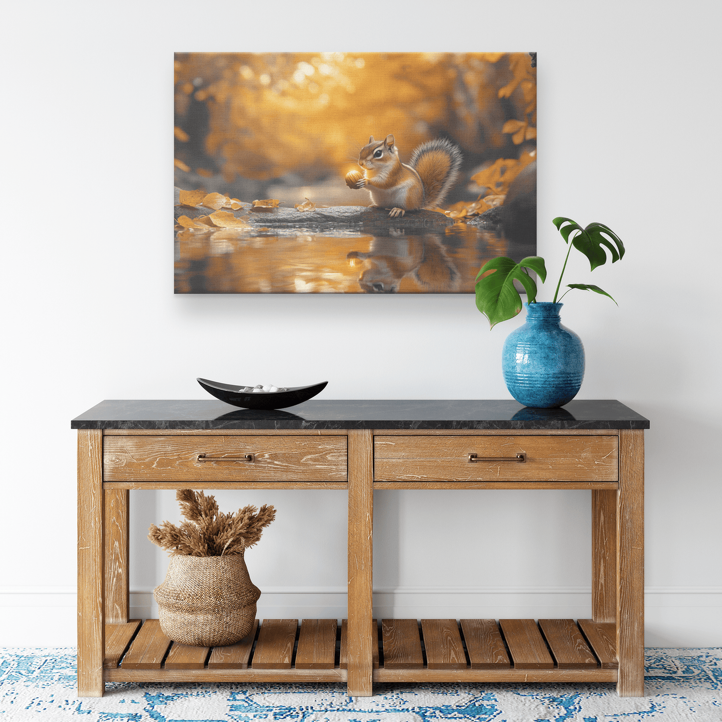 Chipmunk Holding Glowing Nut On Crystal Stream Reflecting Golden Autumn Trees Canvas Wall Art Decor - Awakening Righteousness