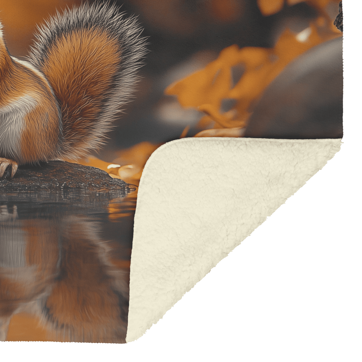 Chipmunk Holding Glowing Nut Perched on Crystal Clear Stream Reflecting Golden Autumn Trees Fleece Sherpa Blanket - Awakening Righteousness
