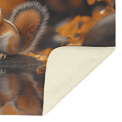 Chipmunk Holding Glowing Nut Perched on Crystal Clear Stream Reflecting Golden Autumn Trees Fleece Sherpa Blanket - Awakening Righteousness
