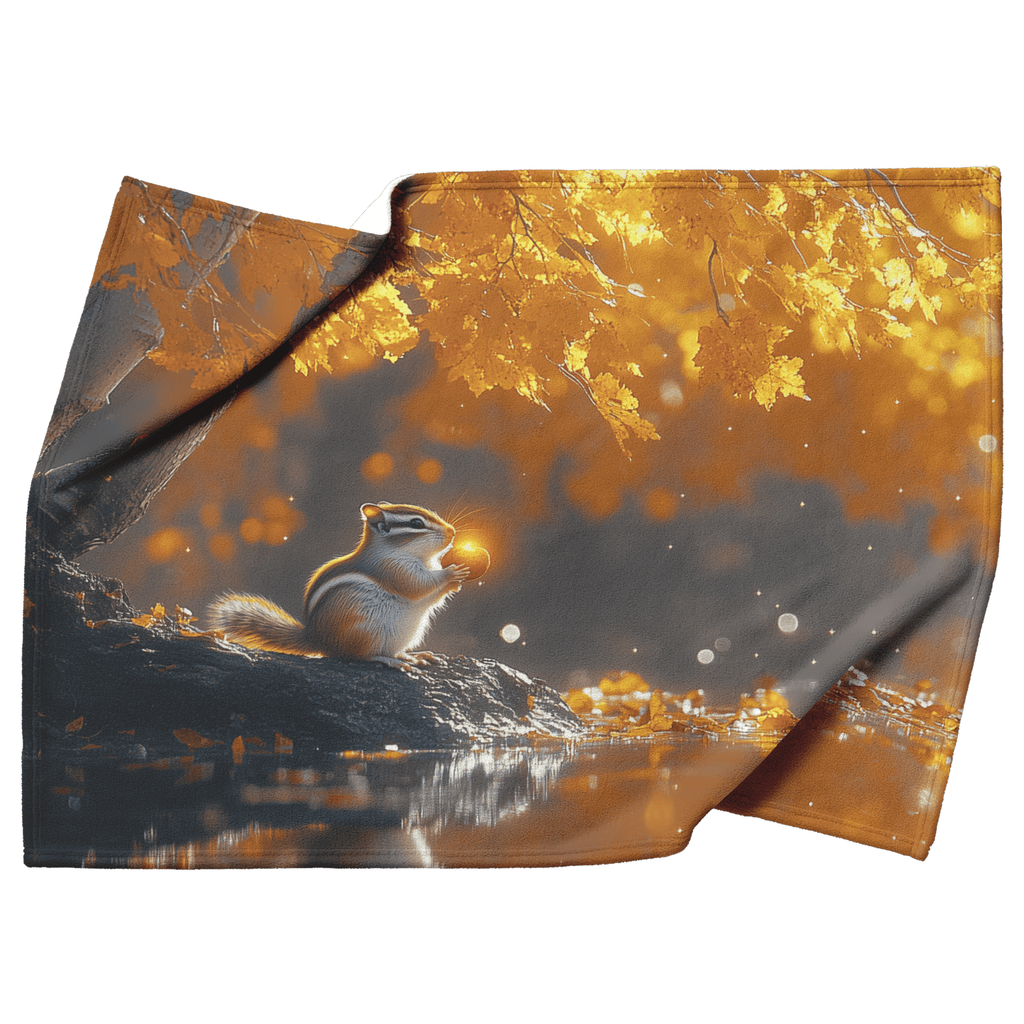 Chipmunk Holding Glowing Nut Perched on Crystal Clear Stream Reflecting Golden Autumn Trees Fleece Sherpa Blanket - Awakening Righteousness