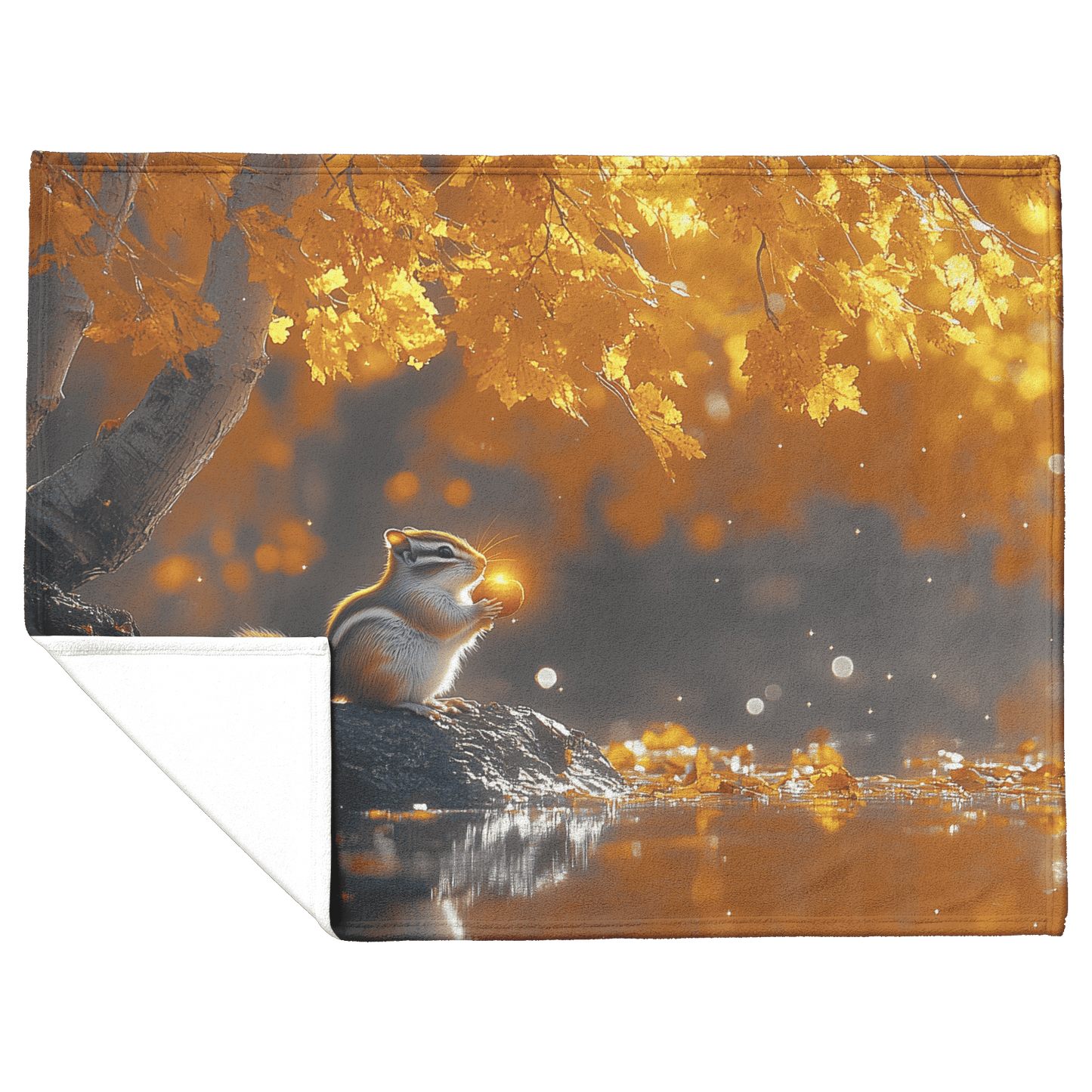 Chipmunk Holding Glowing Nut Perched on Crystal Clear Stream Reflecting Golden Autumn Trees Fleece Sherpa Blanket - Awakening Righteousness