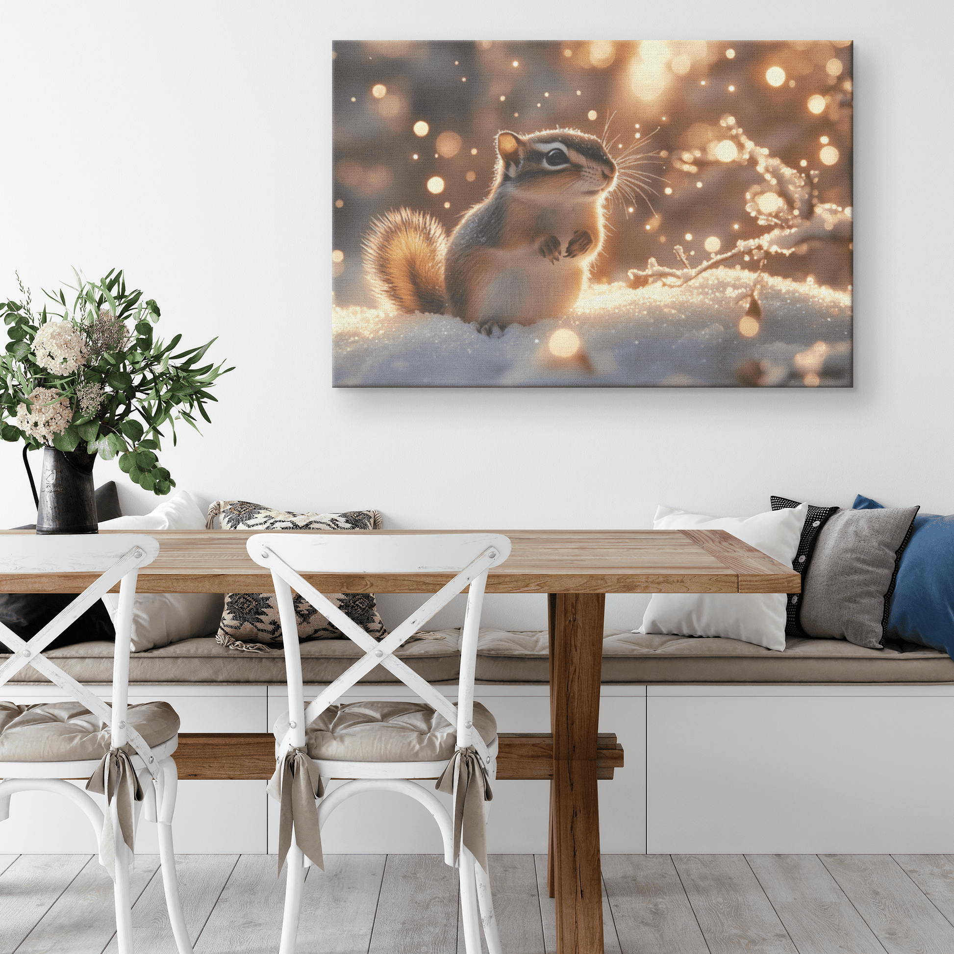 Chipmunk In Enchanted Winter Forest With Frost Covered Branches And Twinkling Snowflakes Canvas Wall Art Decor - Awakening Righteousness