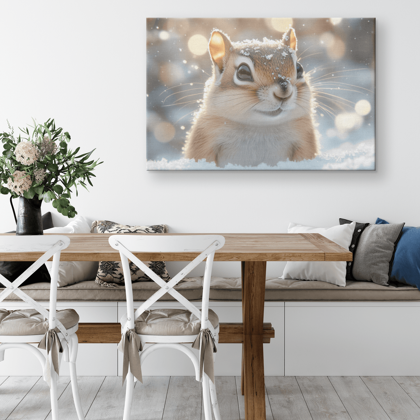 Chipmunk In Snowy Forest Surrounded By Glowing Frost Covered Branches And Twinkling Snowflakes Canvas Wall Art Decor - Awakening Righteousness