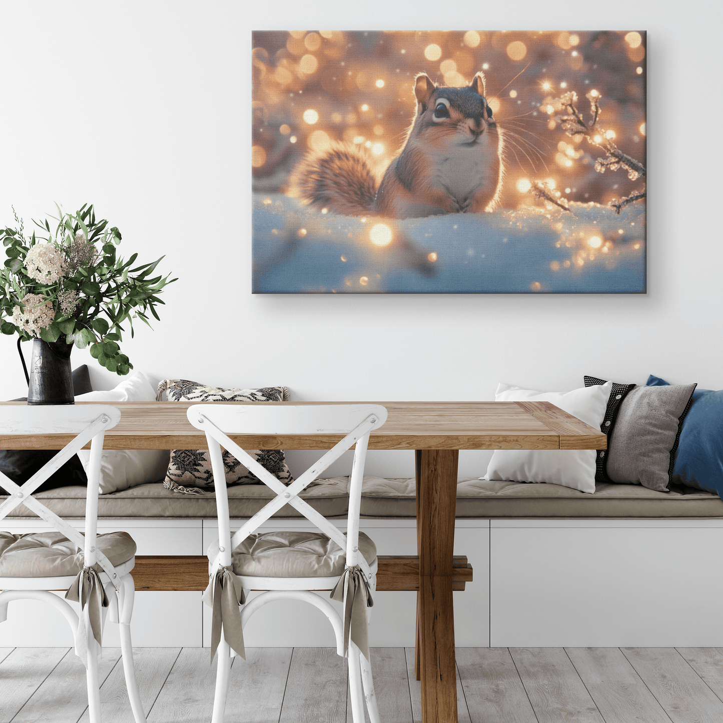 Chipmunk In Snowy Forest Surrounded By Glowing Frost Covered Branches And Twinkling Snowflakes Canvas Wall Art Decor - Awakening Righteousness