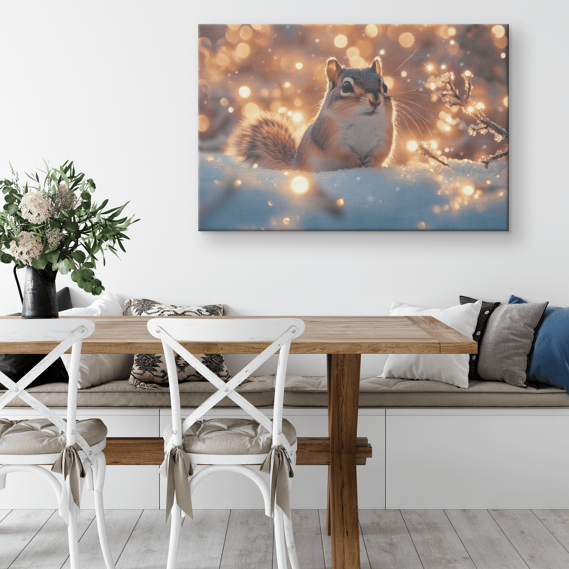 Chipmunk In Snowy Forest Surrounded By Glowing Frost Covered Branches And Twinkling Snowflakes Canvas Wall Art Decor - Awakening Righteousness