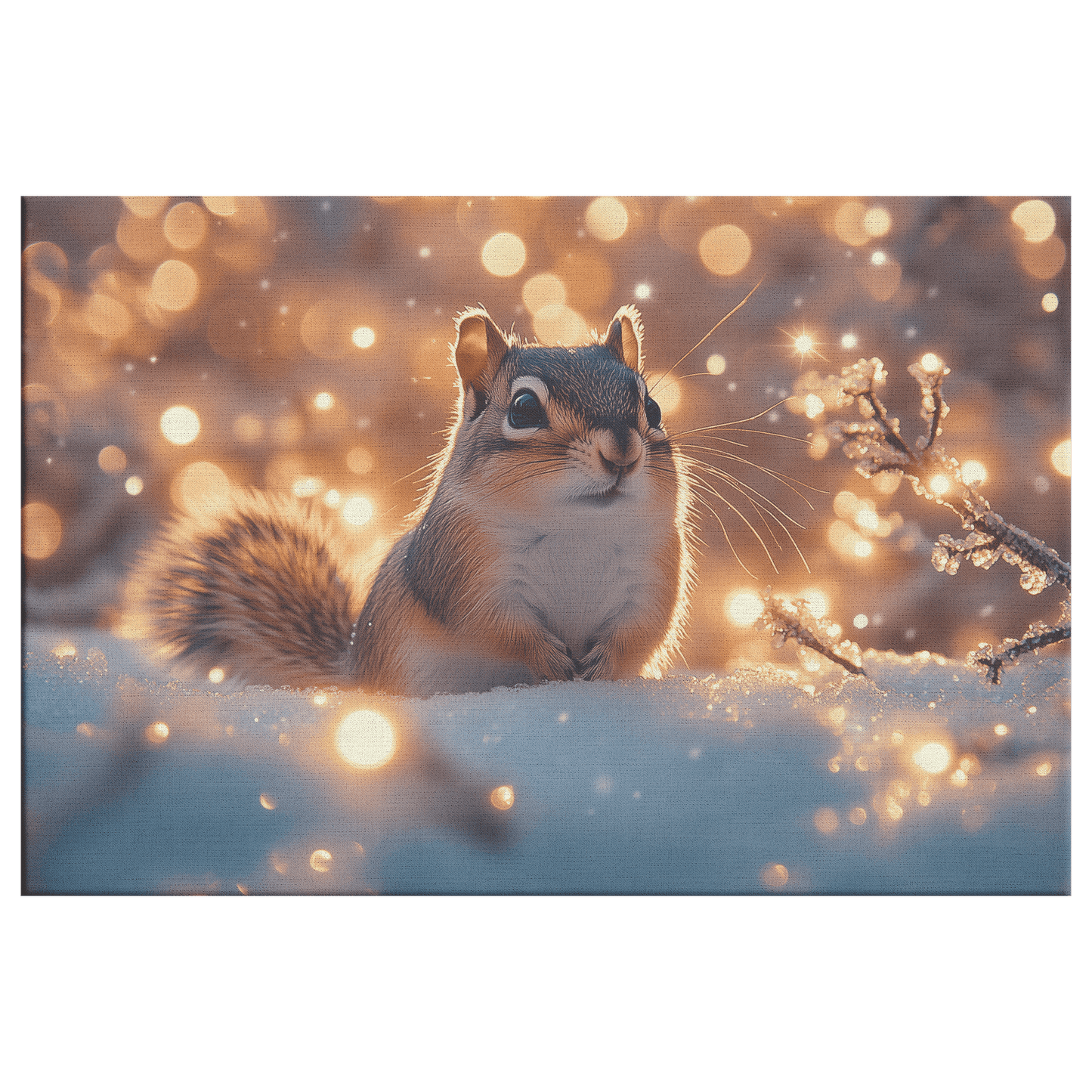Chipmunk In Snowy Forest Surrounded By Glowing Frost Covered Branches And Twinkling Snowflakes Canvas Wall Art Decor - Awakening Righteousness