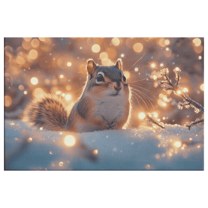 Chipmunk In Snowy Forest Surrounded By Glowing Frost Covered Branches And Twinkling Snowflakes Canvas Wall Art Decor - Awakening Righteousness