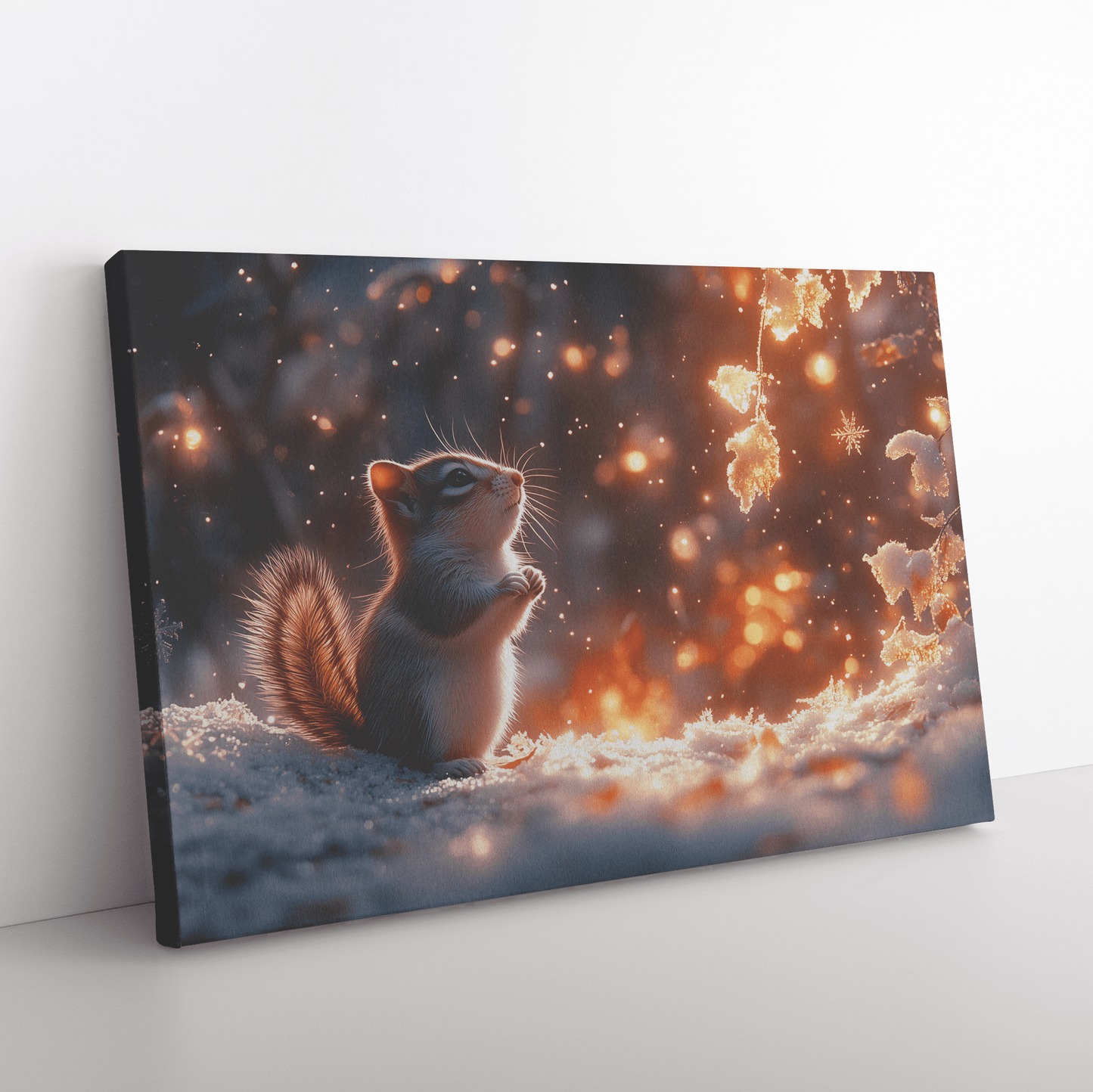 Chipmunk In Snowy Forest Surrounded By Glowing Frost Covered Branches And Twinkling Snowflakes Canvas Wall Art Decor - Awakening Righteousness