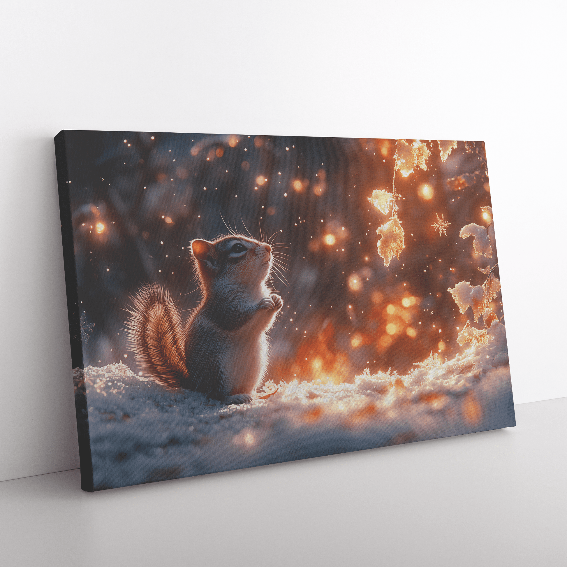Chipmunk In Snowy Forest Surrounded By Glowing Frost Covered Branches And Twinkling Snowflakes Canvas Wall Art Decor - Awakening Righteousness